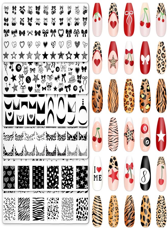 وولاين مجموعة Whaline المكونة من 9 قطع من ألواح ختم فن الأظافر بتصميم الفهد والكرز، تتضمن لوحة فن الأظافر بتصميم الفهد والنجمة والفيونكة والكرز، مثالية للطباعة المنزلية وتصميم الأظافر الفرنسي في صالونات التجميل - Image 1